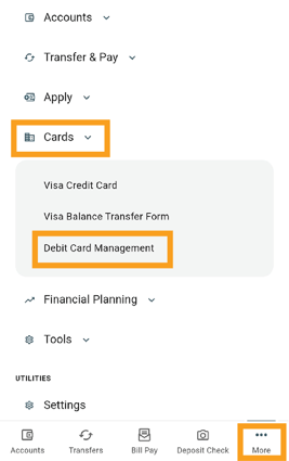 Manage your debit card in CCCU's online or mobile banking app